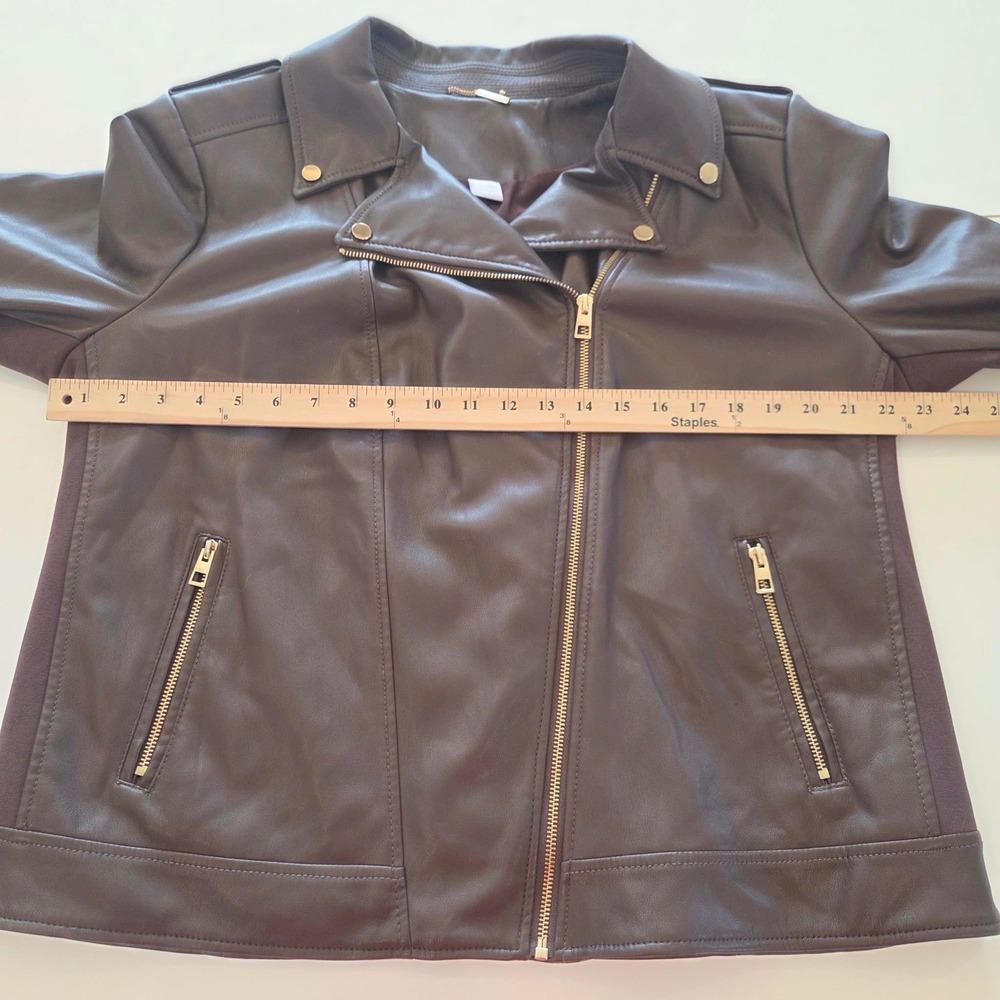 Chicos Brown Faux Leather Moto Jacket Size 3 US 16/18 Gold Hardware Asymmetrical - Picture 14 of 16